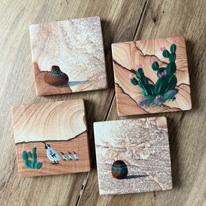 Set of 4 Sandstone Hand painted Arizona Southwest Desert Coasters Cactus Birds
